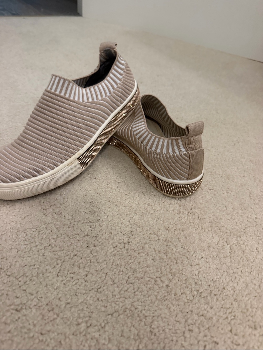 bernie mev. Kids Slip-On Knit Sneakers in Beige with Gold Rhinestone Trim